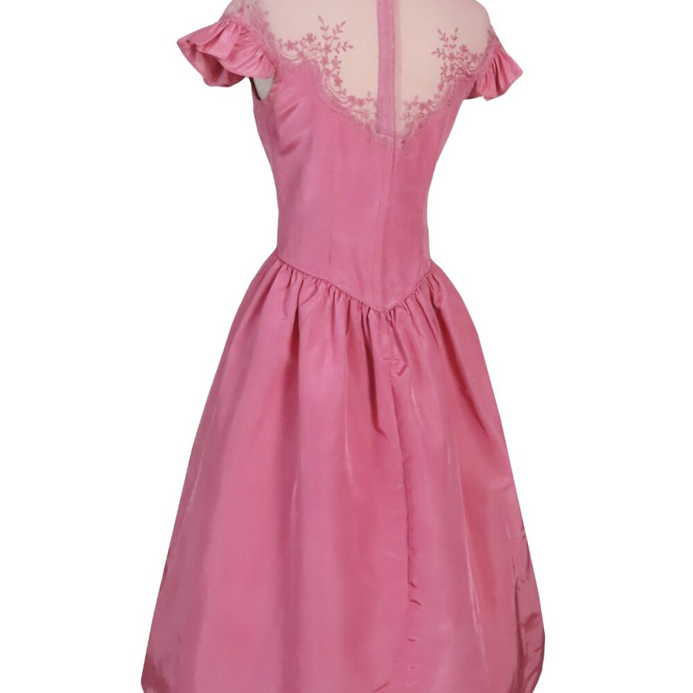 Vintage 70s 80s Pink Ruffle Sleeve Neck Taffeta Prom Gown Party Prom Dress S M - Picture 6 of 14